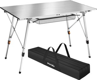 TecTake Mesa plegable de aluminio ajustable en altura, plateado