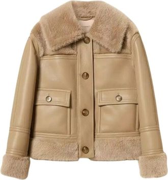 Twinset Aviatorjack met imitatiebont - Dames - Jassen - Beige - L - Leer - Jassen