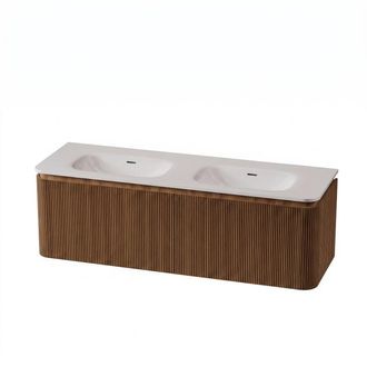 Royal Plaza Terra Edge Badkamermeubelset - 140x44.7x46cm - solid surface wastafel wit mat - 2 wasbakken - 2 kraangaten - 2 lades - sandwood (licht eiken)