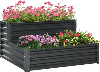OUTSUNNY 2 Tier Galvanised Raised Garden Bed Planter Box Open Bottom Dark Grey | TJ Hughes