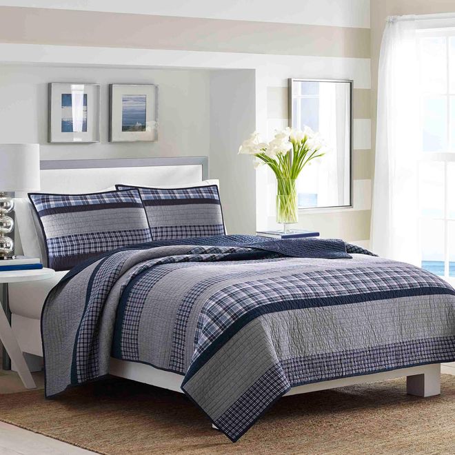 Nautica Überwurfdecke – Super Weiches Fleece, 152 X 128 Cm – Streifenmuster In Marineblau/Grau
