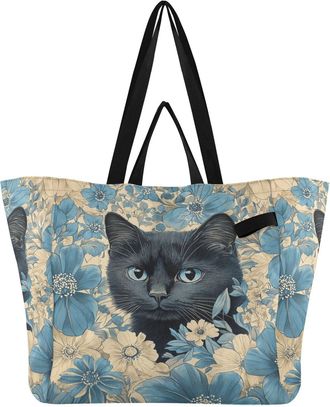 Generic Cat Floral Beige print Reusable Canvas Tote Bag, Heavy Duty Grocery Shopping Bag with Hard Bottom Large Capacity Double Handles Work Groceries Travel