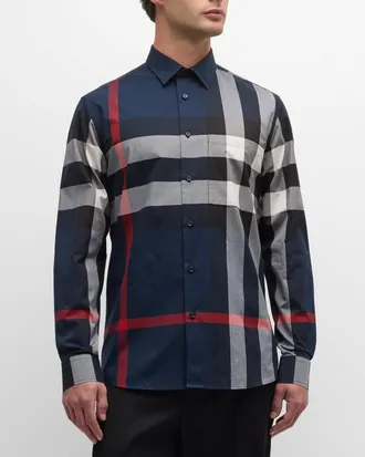 Burberry Men's Outlet Long Sleeve Stretch Cotton Slim Fit Dress newest Shirt Dark Navy