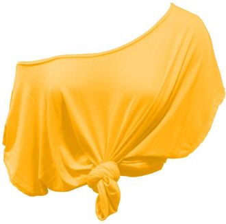 Janisramone Womens Ladies New Plain Off Shoulder Tie Knot Front Short Sleeve Baggy Oversized Crop T-Shirt Top Yellow