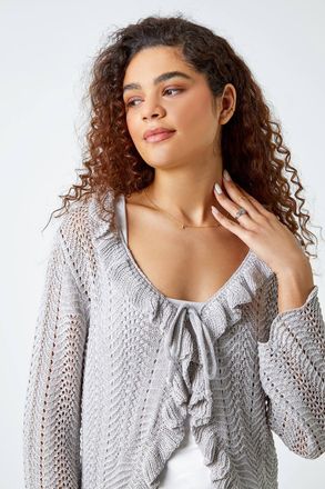 Roman Pointelle Knit Frill Trim V-Neck Cardigan