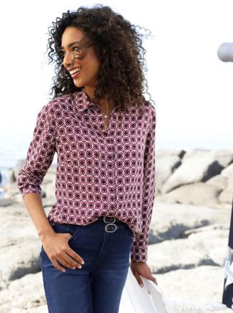 Heine Druckbluse HEINE, Damen, Gr. 34, rot (elfenbein, bordeaux, bedruckt), 100% Viskose, bedruckt, gemustert, mehrfarbig, Blusen Druckbluse