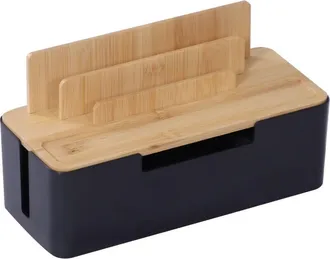 Relaxdays Relaxdays cable box, bamboo, phone & tablet holders, HWD 16x30x13cm, 6-way power strip, cable organiser, natural-black