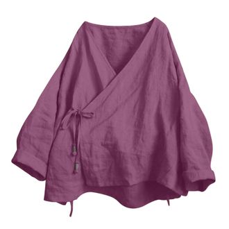 Generic Womens Hanten Kimono Cardigan - Long Sleeve Wrap Front, Cotton Linen Fabric, Retro Hanfu Costume, Irregular Shirt Top for Cultural Looks(Purple, S)