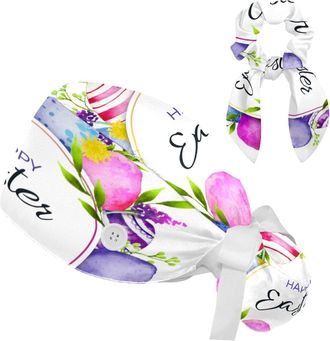 Generic Working Cap with Buttons Sweatband Adjustable Hats with Scrunchie Surgical Caps for Women, Easter Wreath