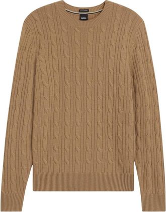 HUGO BOSS H-Hetico Kabel Gebreide Trui - Heren - Ronde hals truien - Beige - L - Wol - Truien & Vesten