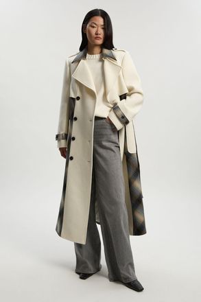 Karen Millen Womens Wool Check Tailored Belted Trench Midi Coat - White - Size 14 UK