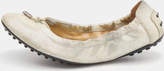 Tod's Tods Silver Textured Nubuck Leather Bow Scrunch Ballet Flats