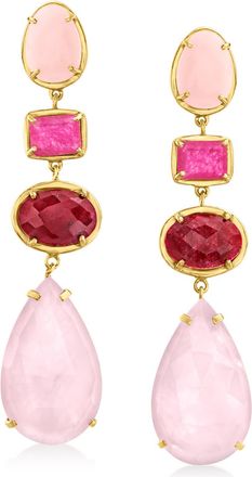 Ross-Simons Pink Opal, Multicolored Quartz and Ruby Drop Earrings in 18kt Gold Over Sterling