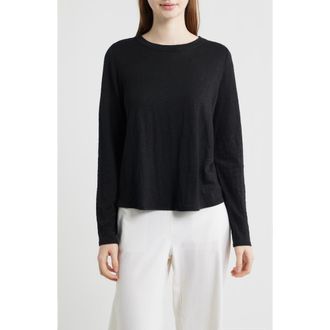 Eileen Fisher Long Sleeve Organic Linen T-Shirt in Black at Nordstrom, Size Xx-Small