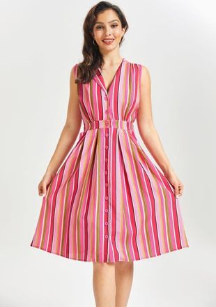 ModCloth The Carousel Cutie Fit and Flare Dress in Pink Taffy Stripe at Nordstrom, Size X-Large