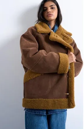 Topshop Oversize Faux Shearling Car Coat in Brown at Nordstrom Rack, Size X-Small