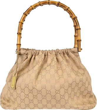 Gucci Bamboo Frame Satchel Gg Canvas Beige Canvas Handbag (Pre-Owned)