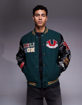 True Religion Giacca stile college verde con toppe ricamate