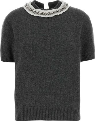 Prada Grey Embellished Crew Neck Sweater