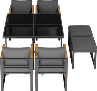 STILVORA Conjunto De Mesa Y Sillas De Jard&iacute;n Con 1 Mesa, 4 Sillones Y 2 Reposapi&eacute;s, Para 6 Personas Y Terraza, Madera De Acacia, Metal, Vidrio Y Poli&eacute;ster, Neg