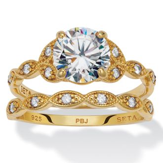 Palm Beach Jewelry 2.21 TCW Round Cubic Zirconia 14k Gold-plated Sterling Silver Bridal Ring Set