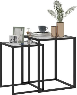 HOMCOM Nesting Tables Set of 2 - End Table with Tempered Glass Top - Black | TJ Hughes