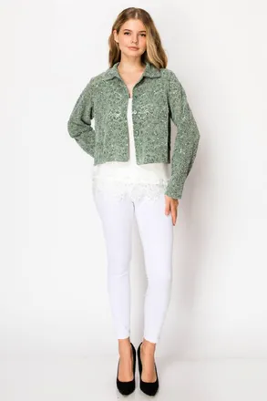 Origami Jewellery Lace & Sequin Crushed Velvet Crop Jacket In Green