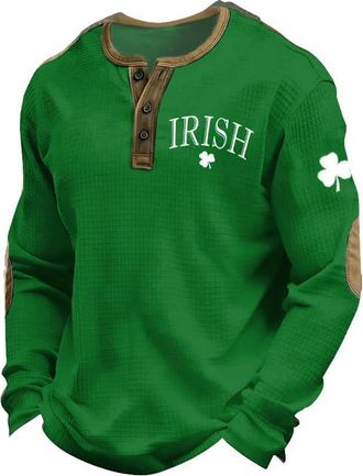 Generic Mens St. Patricks Day Printed Casual Henley Shirt Irish Shamrock Sweatshirt St Patricks Day Top Irish Sweatshirt Men Lucky Shamrock Shirt
