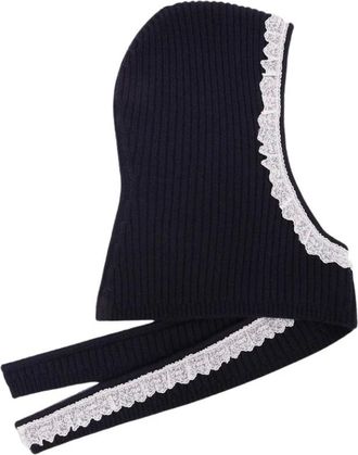 Ganni Cappello in maglia a coste con bordo in pizzo - - Accessories - Donna - Nero - ONE SIZE