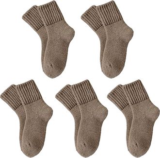 Generic 5 Pairs Womens Solid Mid-Calf Socks, Soft Cotton Cozy Knit Crew Socks for Fall Winter, Thick Warm Slouchy Boot Socks (Light Brown)