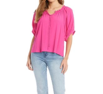 Karen Kane Paige Short Sleeve Ruffle Tie-Neck Top In Bright Pink