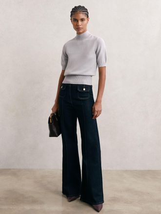 Reiss Grey Cotton and Wool Funnel-neck Knit Top, XS