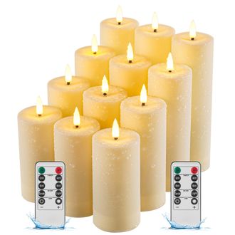 OEM Paquete De 12 Velas Led Impermeables Sin Llama Para Exteriores Con Temporizador, Velas Led Cil&iacute;ndricas Con Efecto De Parpadeo Realista Para Bodas, Fes