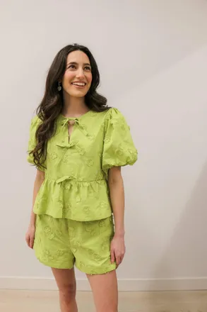 Entro Floral Appliqu&eacute; Front Tie Closure Blouse In Apple Green