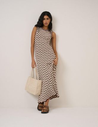 Nobody's Child Cream And Brown Crochet Knitted Midi Dress