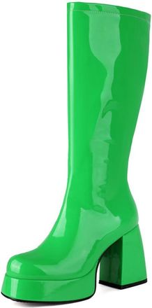 Generic Qynthra Womens Retro Platform Boots Patent Leather Knee High Block Heel Side Zip Go Go Style Stage Performance Party Nights,Green,6.5 UK