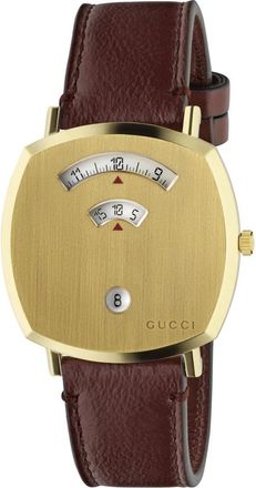 Gucci Ya 157411 - Grip Geel goud Pvd- 3 vensters die uur- minuut & datum aangeven- bordeaux leren band - Dames - Horloges - Geel - ONE Size - Accessoires