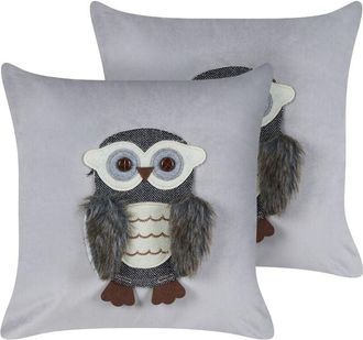 Beliani Beliani - Conjunto De 2 Cojines De Terciopelo Motivo B&uacute;ho 45 X 45 Cm Fundas Extra&iacute;bles Con Relleno Gris Ophrys