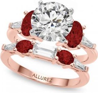 Allurez Round Lab Grown Diamond & Oval Garnet Bridal Set 18K Rose Gold (4.97ct)