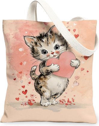 Generic Cute Cat Canvas Tote Bags, Adorable Animal Heart Pattern Reusable Grocery Bags, ValentineS Day Lightweight Washable Should, Peach, 13x15 Inch