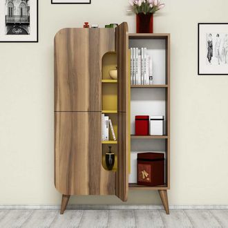 Dmora Aparador Paularo, Alacena 7 Estantes, 10 Espacios, 2 Puertas, 93x32x144h Cm Marr&oacute;n Nogal