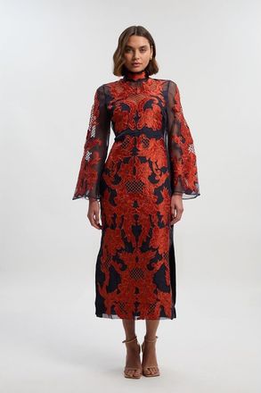 Karen Millen High Neck Embroidered Midi Dress in Navy at Nordstrom, Size 12