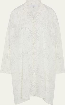 Eskandar Tile-Print Ottoman Wide A-Line Collarless Shirt With Slits (Very Long Length)