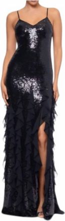 Betsy & Adam Sophisticated Sequin & Ruffle Gown In Black