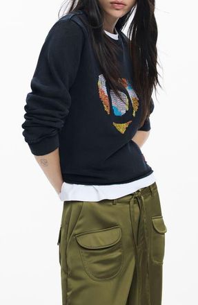 Desigual Heart Embroidered Cotton Graphic Sweatshirt in Black at Nordstrom, Size X-Small