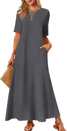 Merokeety Womens 2025 Summer Maxi Dress Casual Short Sleeve Beach Vacation Crewneck Basic Long T Shirt Dresses, Charcoal, XXL