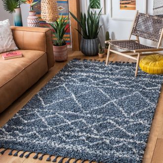 Safavieh Pro Lux Shag Machine Made Area rug, Blue / Ivory Shag Flokati Style Easy Care