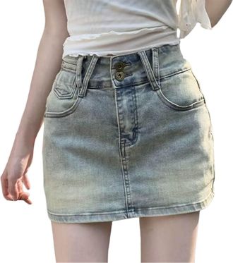 Generic 2025 Stretchy Mini Jean Skirt for Women,Low Waist Denim Skirts with Pockets (Blue, L)