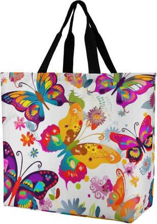 Generic Colorful Butterflies And Flowers Shoulder Bag Reusable Carry Bag Durable Shoulder Bags For Casual Camping Picnic