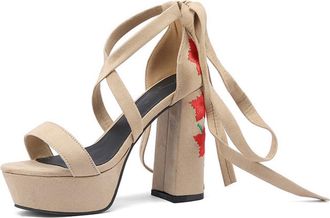 Generic Womens Strappy High Heeled Wedding Pumps Open Toe Bridal Shoes with Embroidery Stitched Faux Suede Platform Sandals,Apricot,2.5 UK